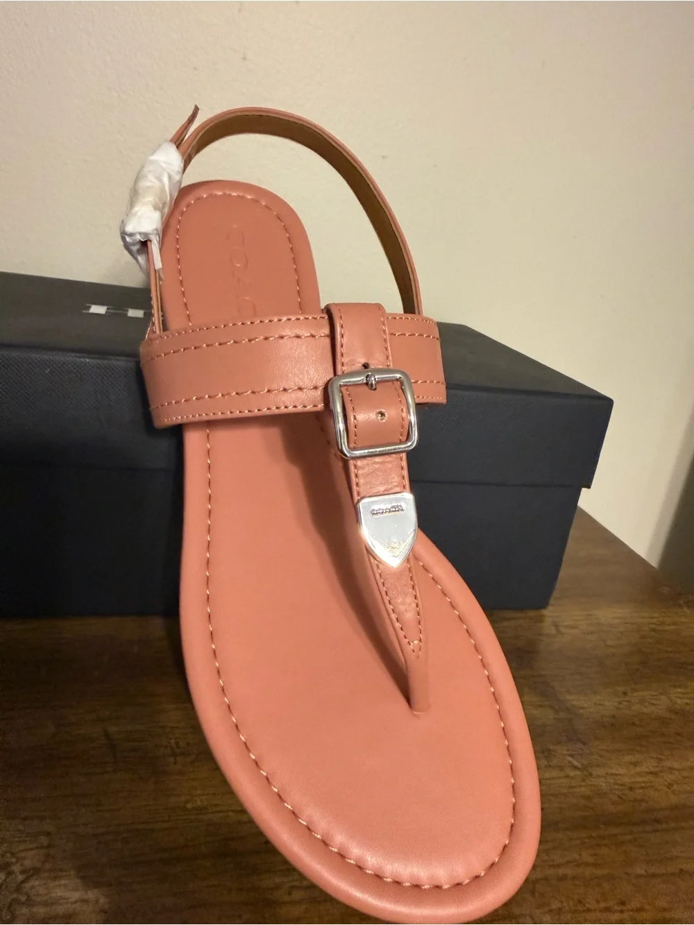 Coach Coral-Peach Leather T-Strap Sandal with Silver Buckle
